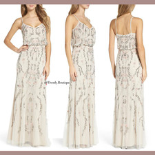 NWD 349 Adrianna Papell Floral Beaded Mesh Blouson Gown in Ivory SZ 2 Q125