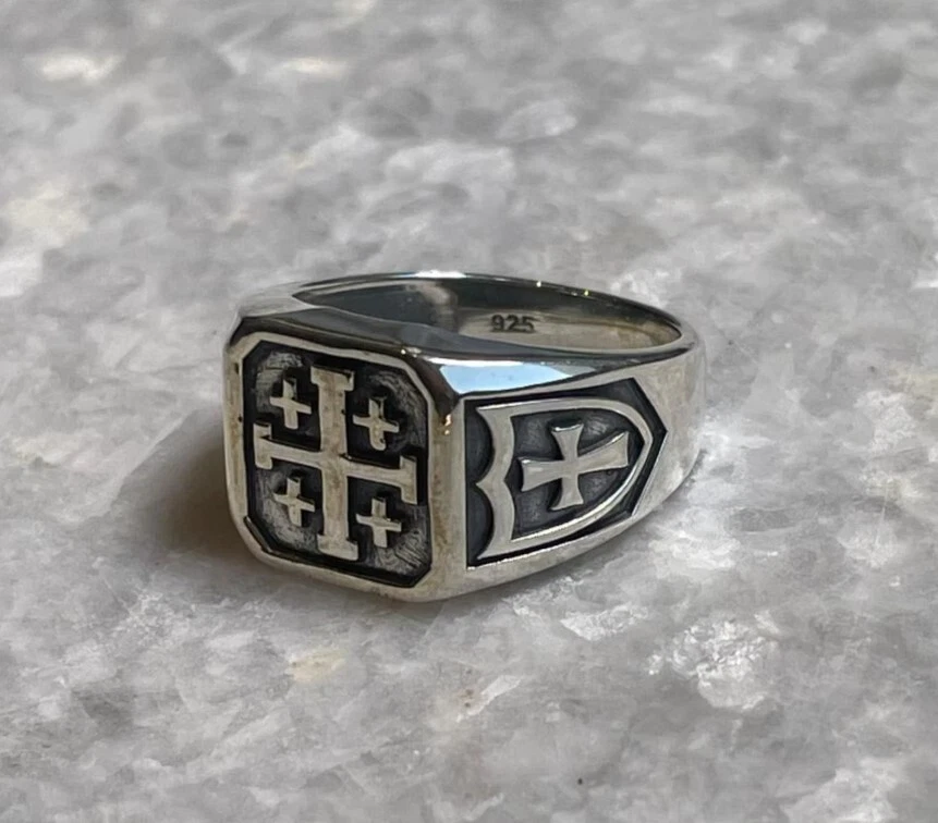 Anel masculino artesão pedra preciosa turca prata maciça 925 cruz Jerusalém MR#580 - Imagem 4 de 4