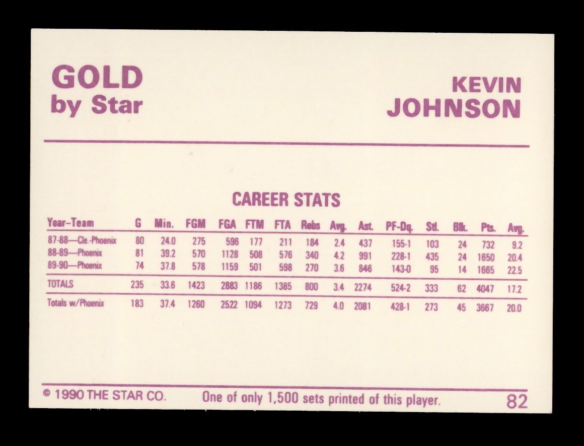 1990-91 STAR GOLD /1500 KEVIN JOHNSON #82 CAREER STATS PHOENIX