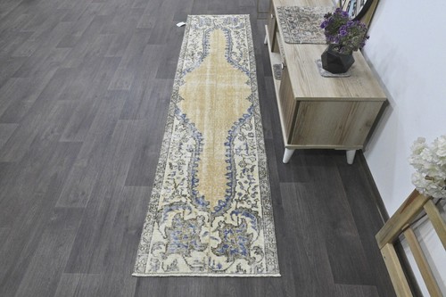 Vintage Turkish Runner Rug 2x8ft BEIGE Handmade Anatolian Oushak Hallway Wool
