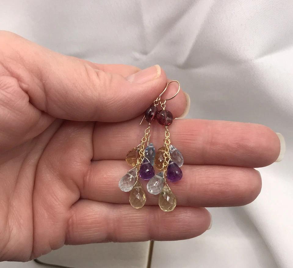 14K Gold Multi Gemstone Earrings Dangle Drop Briolette Aquamarine Citrine Topaz Foto 2 de 4