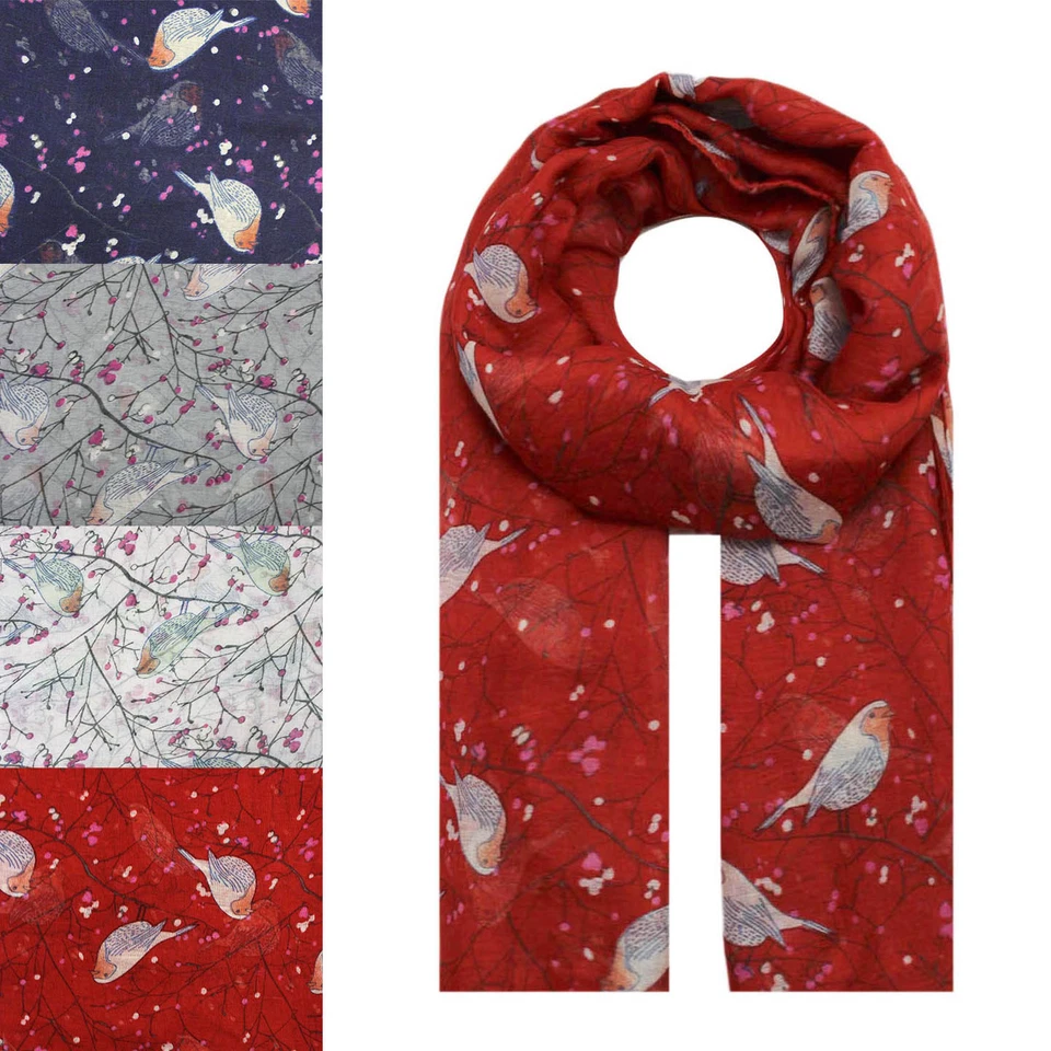 NEW Robin Bird Cherry Blossom Flower Animal Print Scarf Wrap Chiffon Large UK