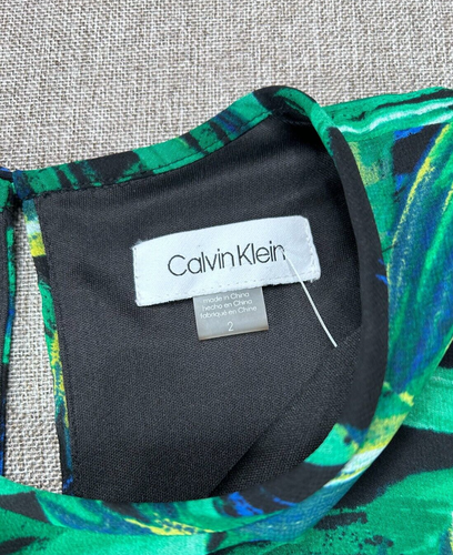 Calvin Klein A-Line Dress Women's 2 Crew Neck Blue Green Tropical Party NWT - Picture 5 of 13