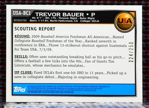 TREVOR BAUER - 2010 BOWMAN CHROME USA BASEBALL BLUE REFRACTOR #ED/250 - Picture 2 of 2