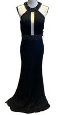 Morrell Maxie Black Lace Beaded Embellished Illusion Halter Gown Size 10 $349