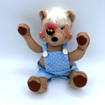 Annalee 10'' Bear with Bee 1984 Overalls Light Blue Red and Black Bee