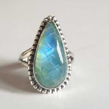 GREEN RAINBOW MOONSTONE NATURAL GEMSTONE 925 SOLID STERLING SILVER JEWELRY RING