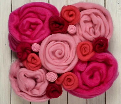 SHEP'S WOOL Pink Red MIX Spinning Felting Wool Roving Fiber -Mixed Top Roving Bag 8 oz Spin