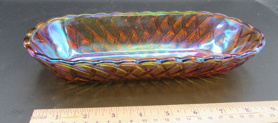 Vtg Amber Carnival Glass Relish Bread Dish Lattice Pattern Pretzel Iridescent