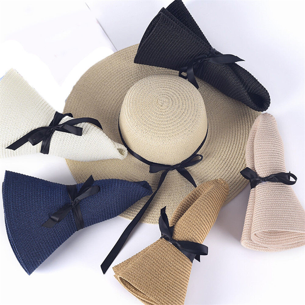 Women Beach Sun Visor Large Brim Floppy Straw Hat Fashion Summer Bow