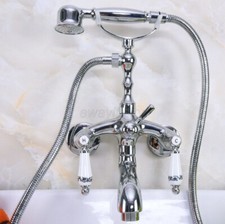 Chrome Brass Wall Mount Clawfoot Bath Tub Filler Faucet Set w/ Handheld Shower