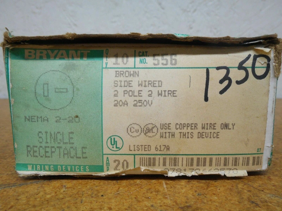 Receptáculos individuales Bryant 556 marrón 2P 2W 20A 250V Nema 2-20 nueva caja de Foto 4 de 4