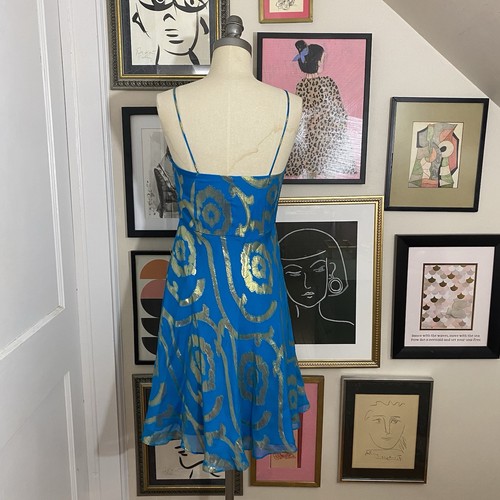 Oleg Cassini women's blue and gold metallic silk blend sleeveless dress sz 4 - Picture 3 of 9