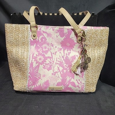 Sakroots Meadow Straw Cotton Canvas Tote Purse Shoulder Bag Rose In Bloom Pink