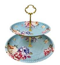 Charmed Vintage Floral Pattern 2 Tier Cake and Pastry Stand Server Blue Blue