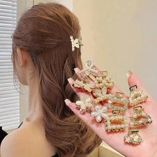 Boho Hair Claw Clips 5pcs - Pearl & Rhinestone Decor, Non-Slip for Thick Hair