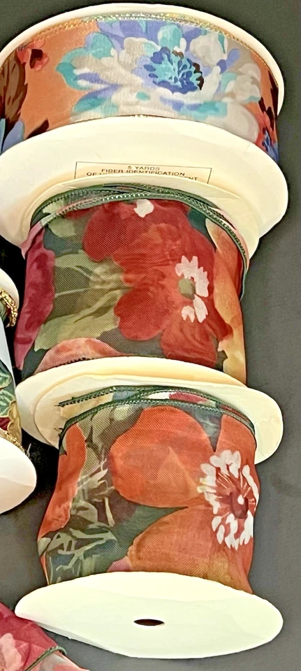 Floral Wired Edged Ribbon 9 Rolls Sheer Rose Bloom Brocade Holiday 2.5 in Wide - Image 4 of 4