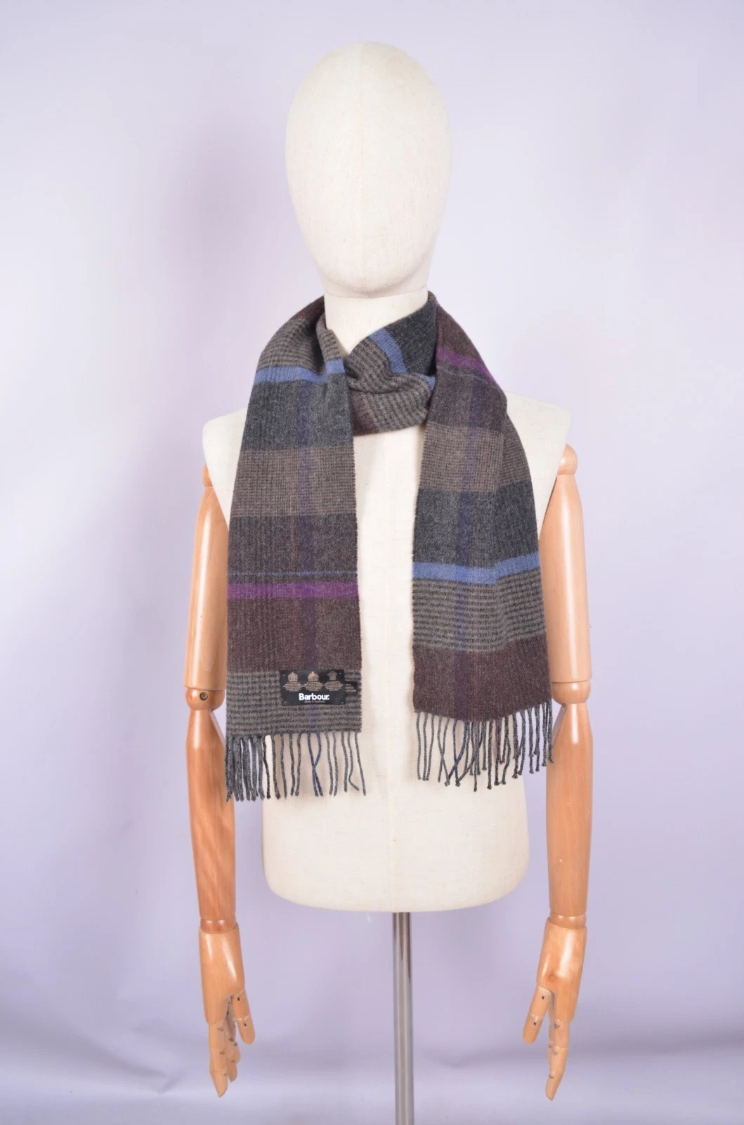 Unisex Barbour Striped Check 100% Wool Brown Blue Violet Scarf 30x175cm