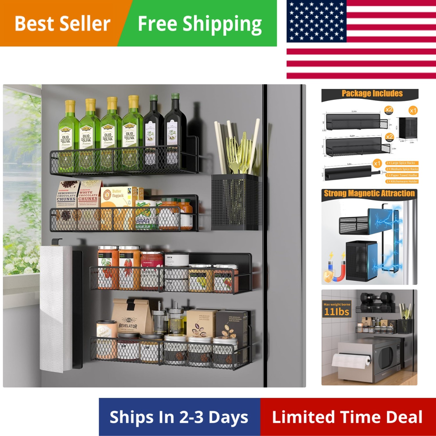 Magnetic Spice Rack for Refrigerator, 6 Pack 100% Metal Strong Magnet Shelf B...