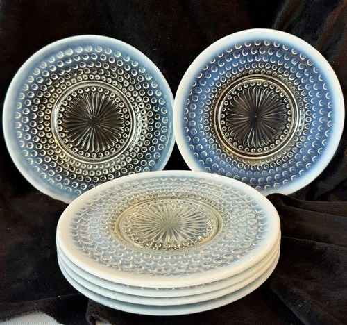 6 Vintage Anchor Hocking Moonstone Opalescent Hobnail Glass Lunch Plates 8-1/2”
