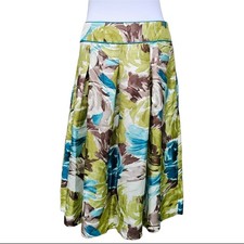 Talbots Floral Silk Skirt Size 4 Green Blue Brown Pleated Roses Flowers A-Line