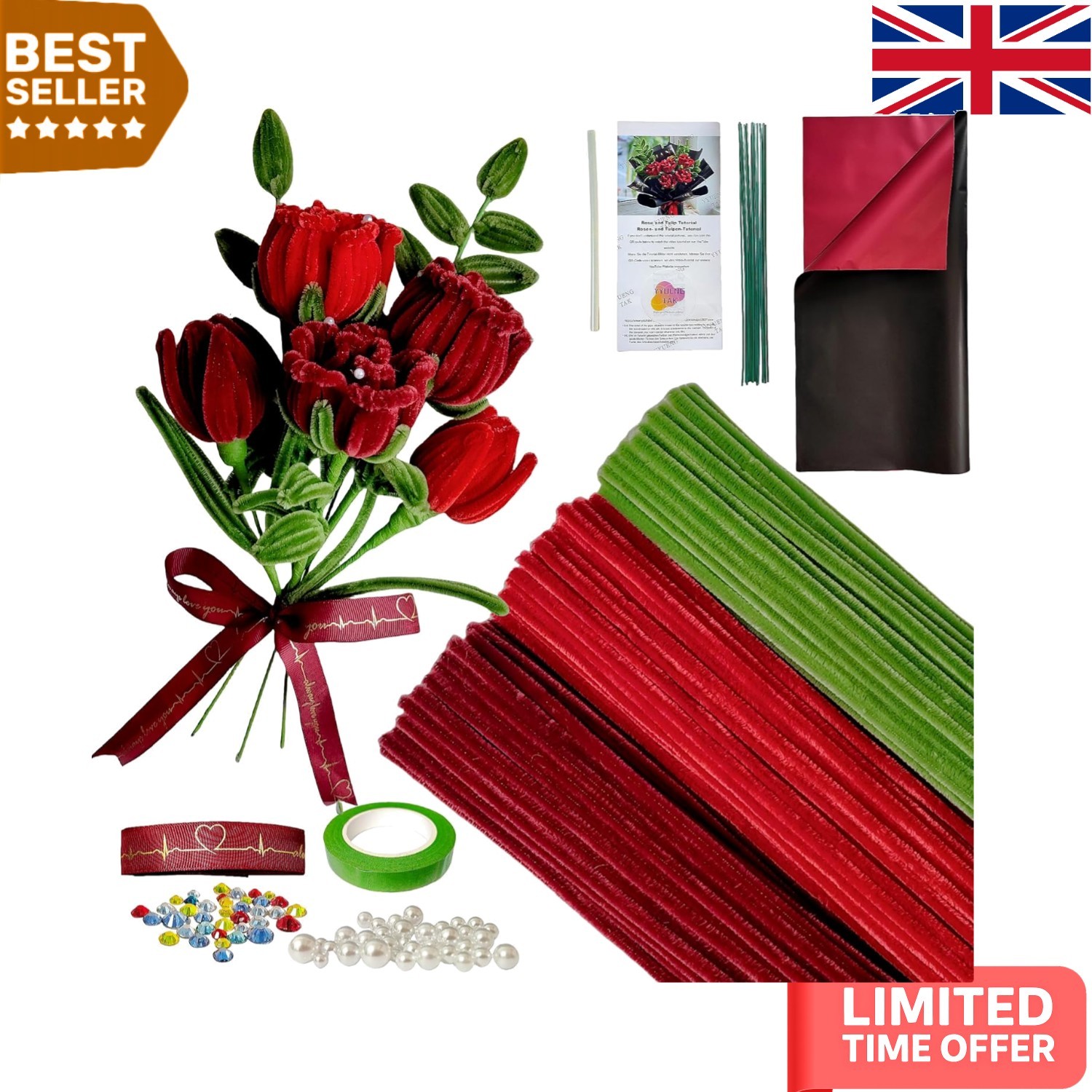 Complete Red Rose Bouquet Craft Kit - 200 Pipe Cleaners with Easy Tutorials