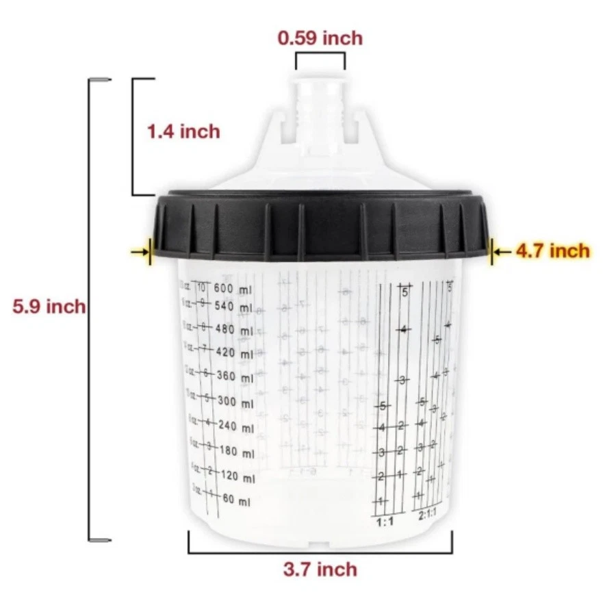Pistola pulverizadora de pintura desechable PPS CUPS forros para tazas y sistema de tapas 600 ml 20 oz 50 un. Foto 2 de 4