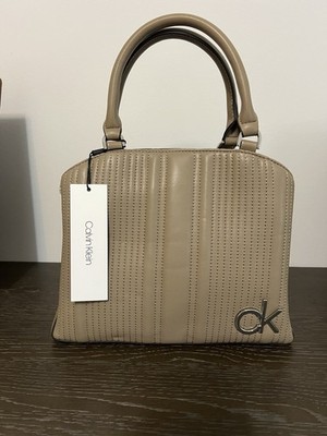 Calvin Klein Taupe Satchel Top Handle Bag Detachable Strap Zip Snap Pockets
