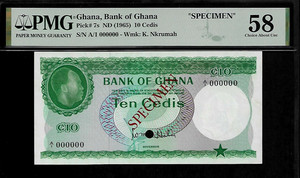 Ghana Specimen 10 Cedis 1965 PMG 58 Pick # 7s PMG Population 1/1