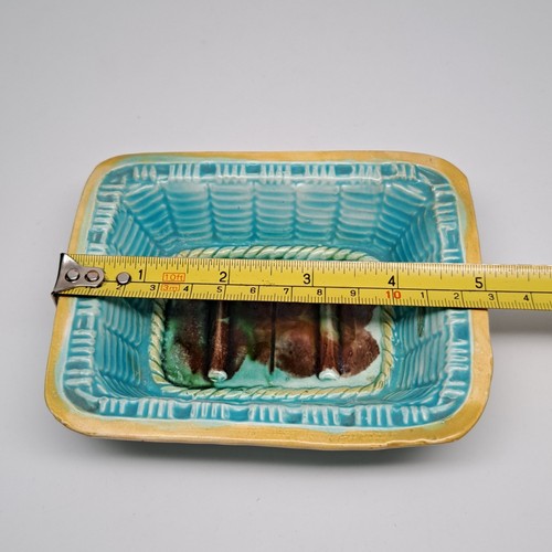 Antique English Majolica Pottery Turquoise Blue Basketweave Soap Dish 1880s Rare - Picture 15 of 17