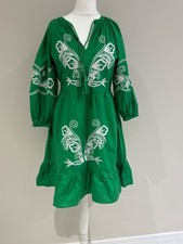 F&F Boho Dress Size 8 Green with White Embroidery Knee Length & Half Puff Sleeve
