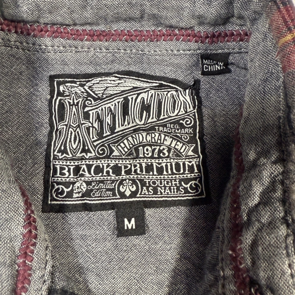 Y2K Affliction Men's Flannel Shirt Red Plaid Distressed Patches Size M - Image 4 of 4