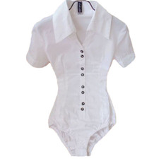Ladies Bodysuit Shirt Blouse Office Button Down Short Puff Sleeve Tops Business