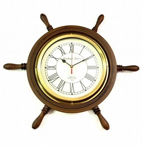 Gift Antique Wooden Clock Ship Wheel Wall Clock Handmade Nautical Clock Decor - Picture 3 of 6