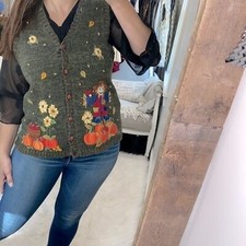 Vintage collectible green Fall scarecrow pumpkins embroidered vest size medium