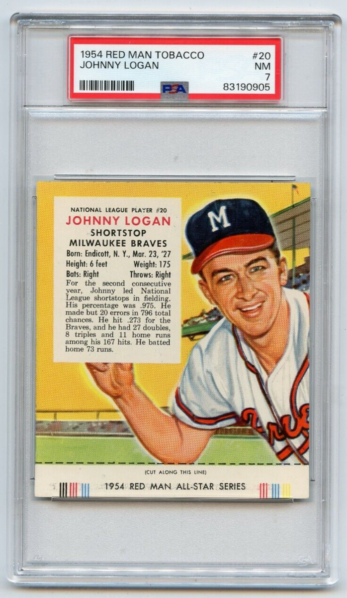 1954 RED MAN TOBACCO #20 JOHNNY LOGAN w/ TAB, MILWAUKEE BRAVES