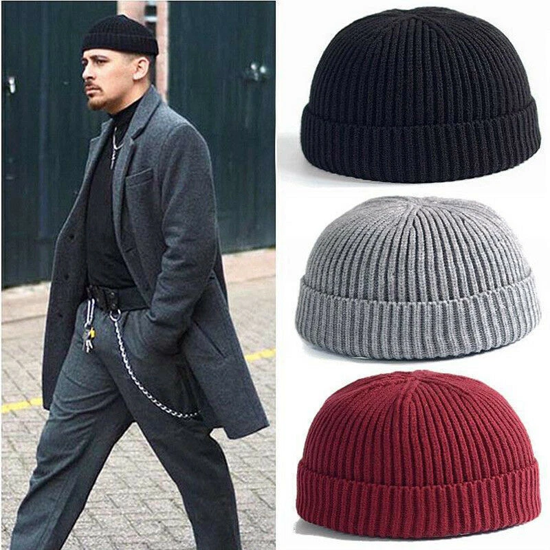 US Man Woman Knit Cuff Beanie Roll-Up Cap Fisherman Daily Winter