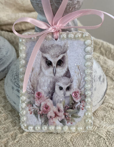 Shabby Chic Victorian Pink Roses Bow Decoupage Christmas Ornament Owls