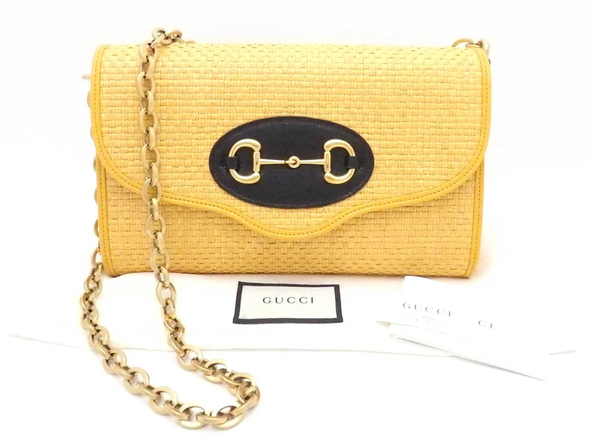 Auth Gucci Horsebit Chain Shoulder Bag Yellow/Black Straw/Leather - e54543a