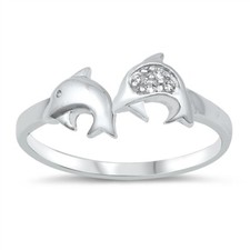 Sterling Silver Double Dolphin Ring With Cubic Zirconia Accents