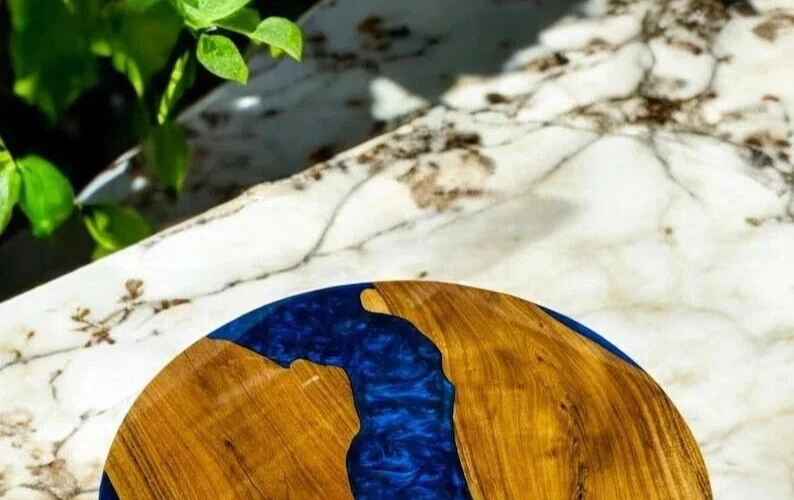 Blue Epoxy Console Table Top - Round Wooden Corner Table Top - Home Decor - Image 2 of 4