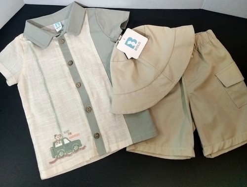 3 Pc's Bolo Beige & Sage Linen Safari Ready For Adventure Shirt Shorts Hat 18m