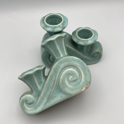 Vintage MCM Double Light Pottery Candlestick Pair Aqua Sea Blue Green - Picture 3 of 12