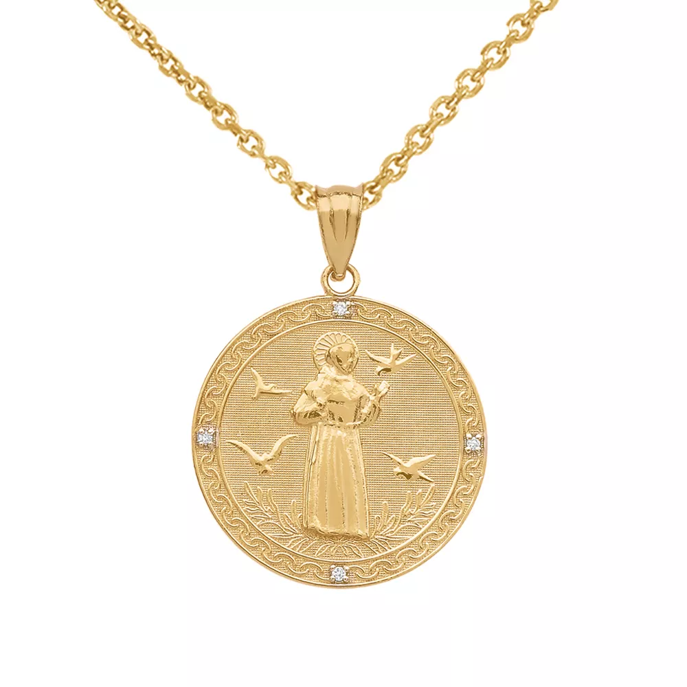 14k Yellow Gold Saint Francis of Assisi Medallion Diamond Small