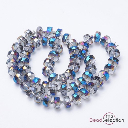 20 FACETED GLASS RONDELLE BEADS 8mm x 5mm BLUE AB RAINBOW DROP PENDANT GLS146 - Picture 4 of 4