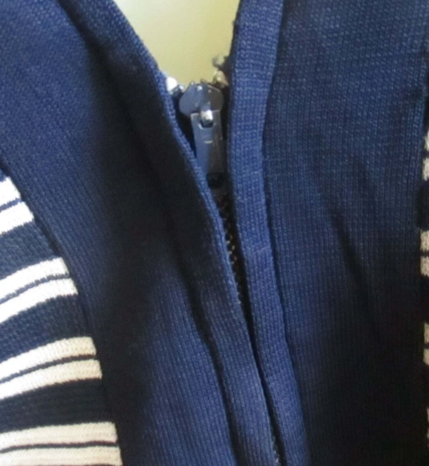 Large Vintage Womens Vest Top 70s Slinky Striped Mod Granny Zip-Up Frock Blue L - Image 3 of 4