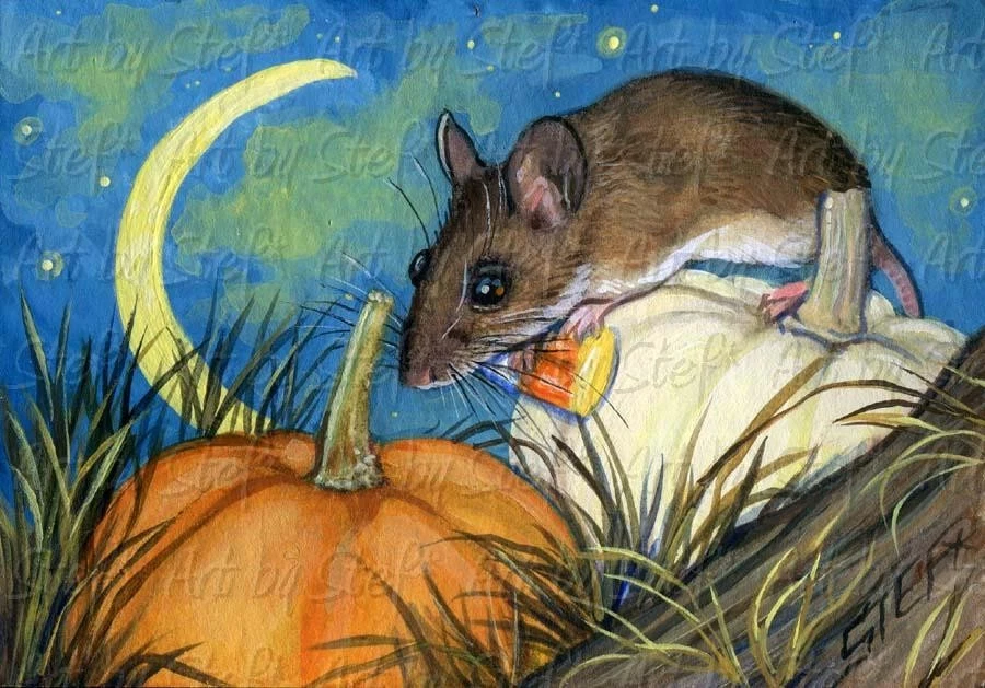 PUMPKIN SPICE MICE Candy Corn Moon MOUSE Autumn ORG ACEO PAINTING Art by Stef