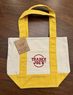Trader Joe's Mini Canvas Tote Bag Yellow White Utility NWT Limited Edition