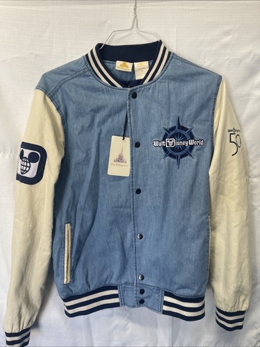 DISNEY WORLD 50th Anniversary Denim Varsity Bomber Jacket XSmall - Picture 1 of 9