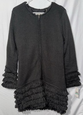 Laundry by Shelli Segal Fringe Knit Jacket   Charcoal   Size L   NWT